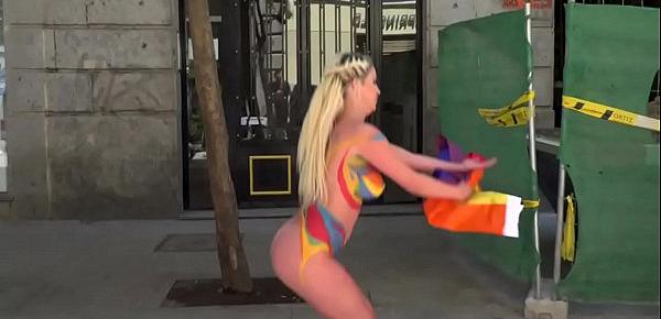  Huge tits blonde body painted in public